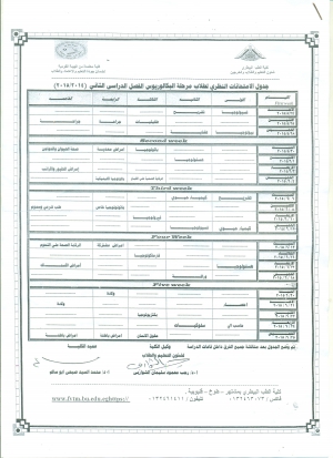 جدول الامتحانات النظرى لطلاب مرحلة البكالوريوس الفصل الدراسى الثانى (2015/2014)